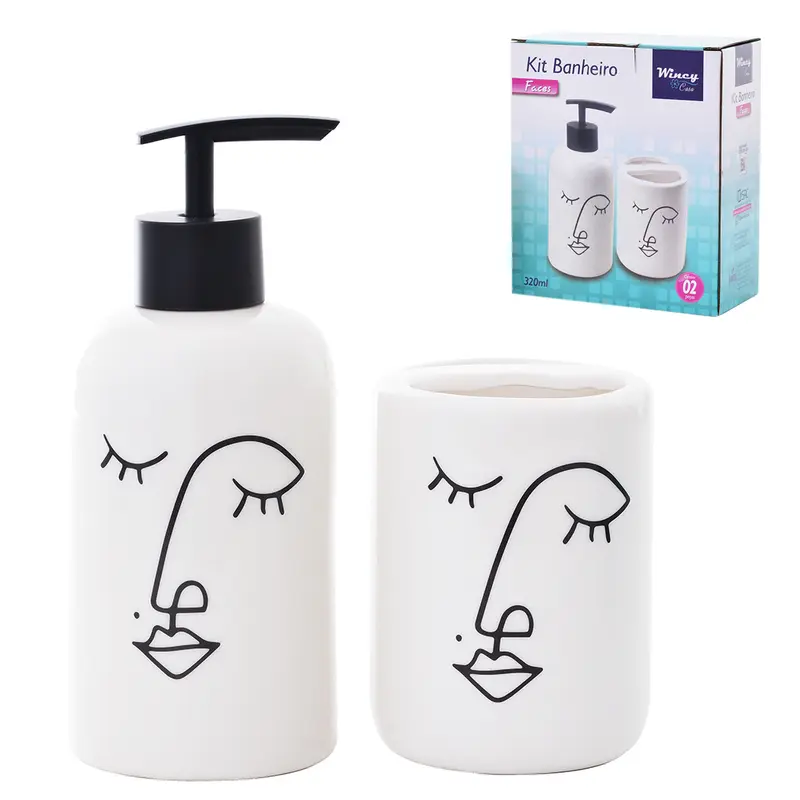JOGO PARA BANHEIRO DE PORCELANA REDONDO FACES COM 2 PECAS 320ML