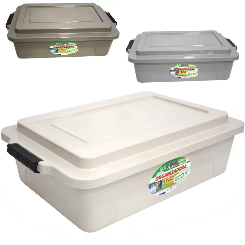CAIXA ORGANIZADOR CONTAINER DE PLASTICO RETANGULAR COLOR ECO COM TAMPA + TRAVA E ALCA 17L 51X35X15CM