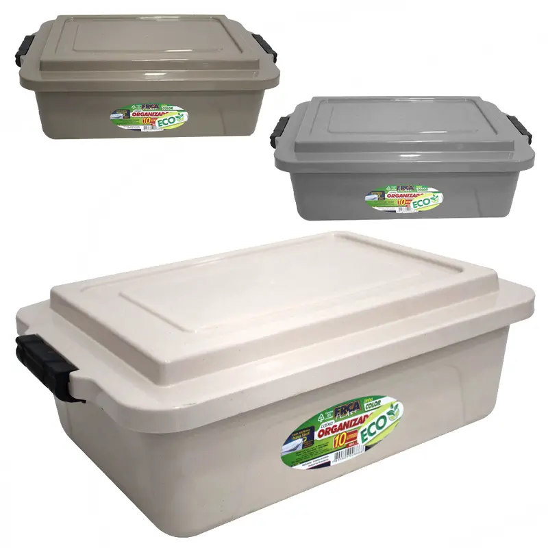 CAIXA ORGANIZADOR CONTAINER DE PLASTICO RETANGULAR COLOR ECO COM TAMPA + TRAVA E ALCA 10L 43X29X14,5CM