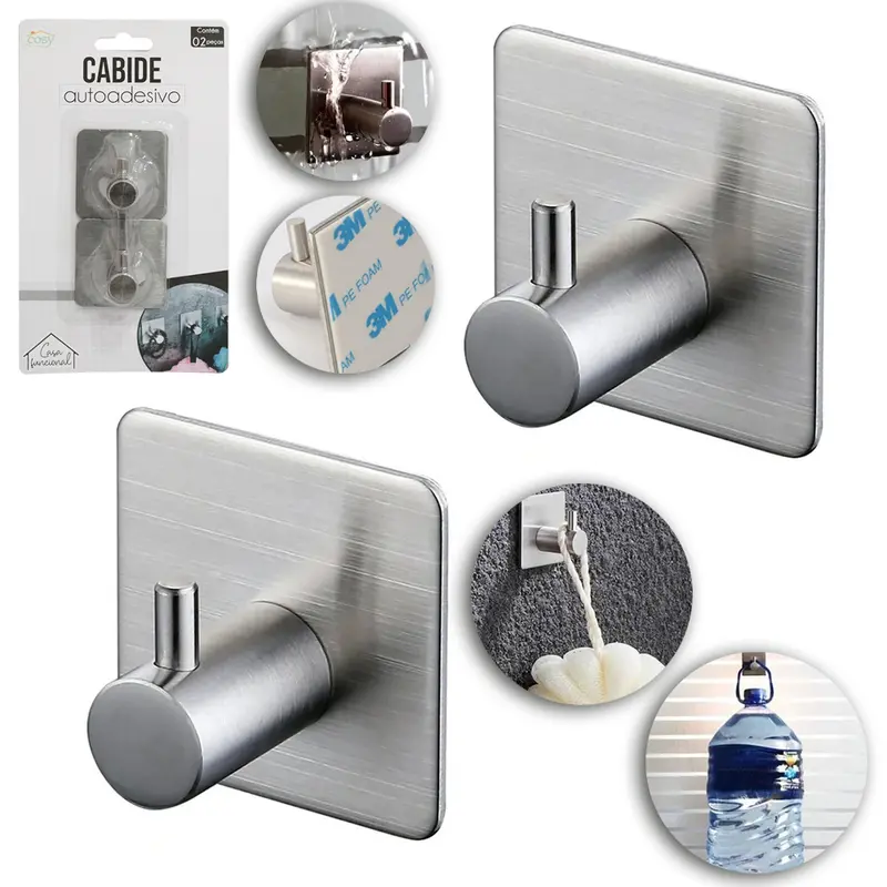 CABIDE GANCHO DE INOX QUADRADO AUTOADESIVO COM 2 PECAS 4,5X3CM