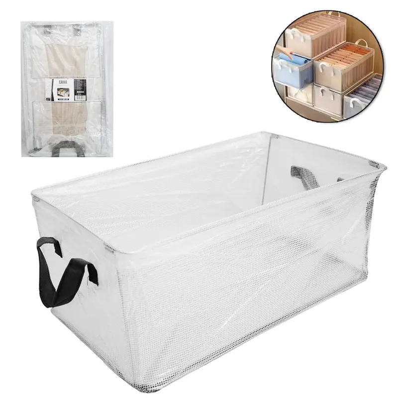 CAIXA ORGANIZADOR DE PLASTICO COM ARAME E FUNDO DE MDF DOBRAVEL MULTIUSO 45X28X19,5CM
