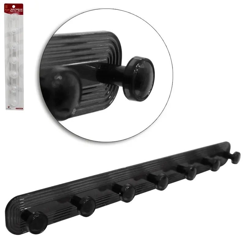 CABIDE GANCHO DE PLASTICO OVAL COM 7 GANCHOS AUTOADESIVO PRETO / TRANSPARENTE 39,5X4X2,5CM