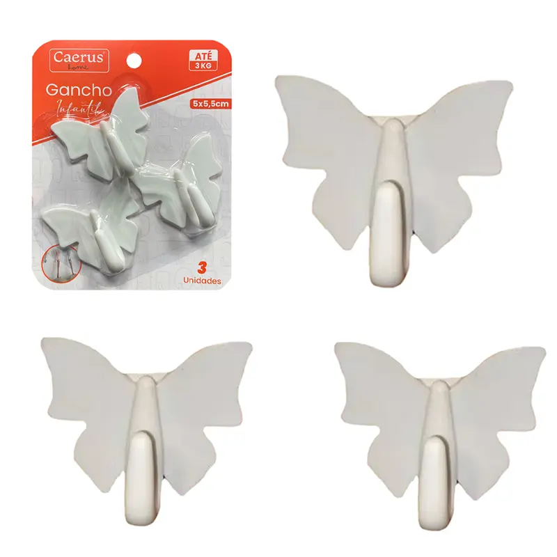 CABIDE GANCHO DE PLASTICO BORBOLETA AUTOADESIVO COM 3 PECAS 5,5X5X2,5CM