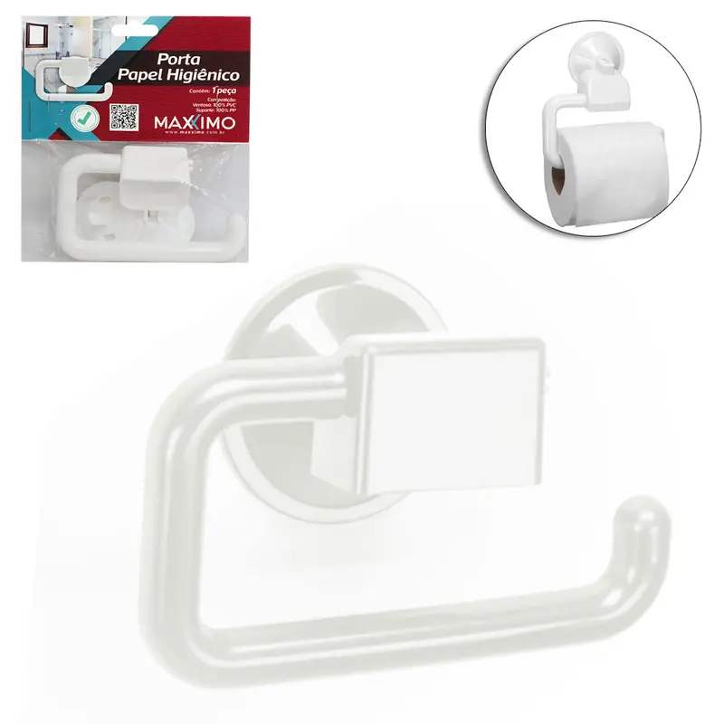 SUPORTE PORTA PAPEL HIGIENICO DE PAREDE DE PLASTICO BRANCO COM VENTOSA + AUTOADESIVO