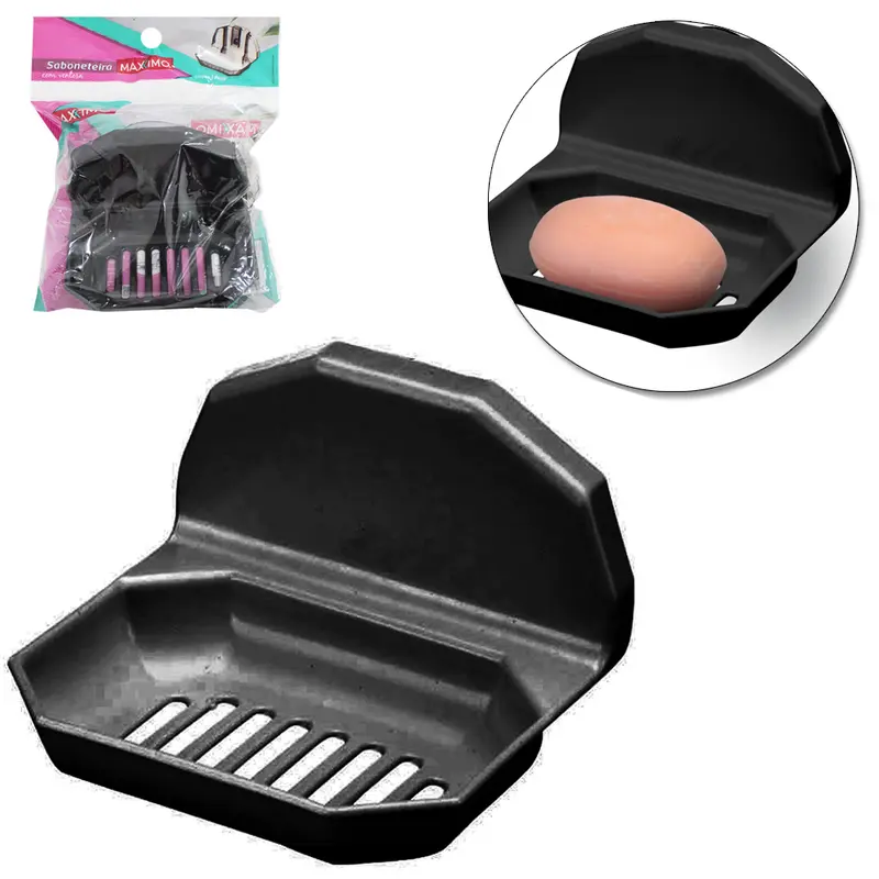 SABONETEIRA DE PAREDE DE PLASTICO PS PRETO COM VENTOSA 12X10X8CM