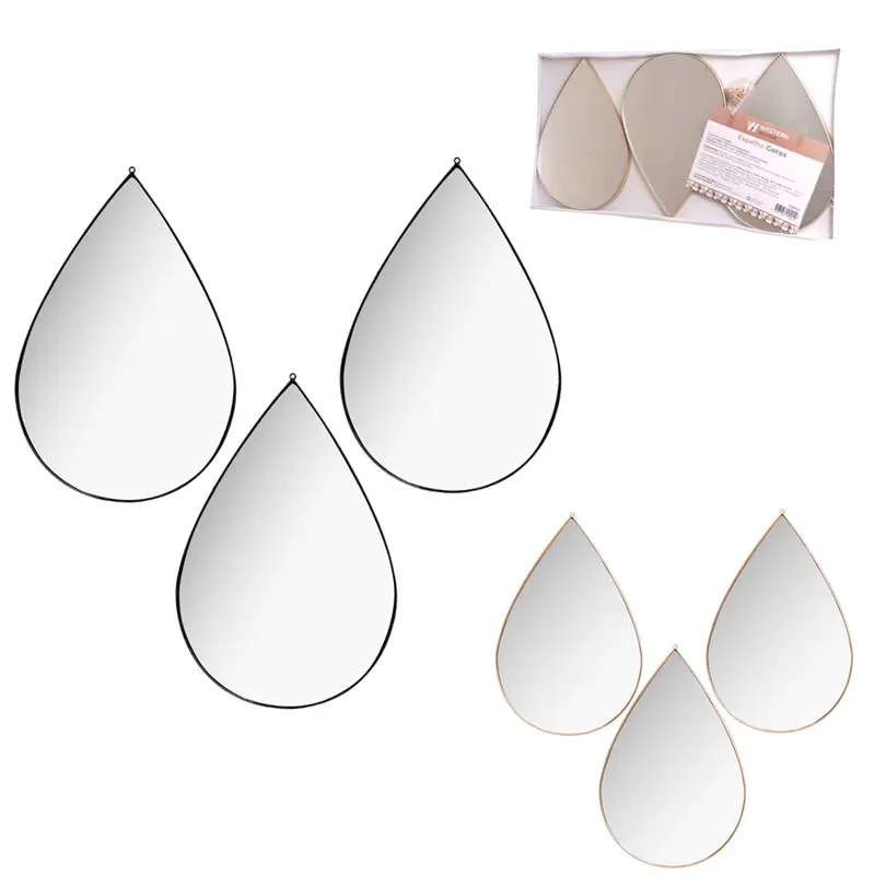 ESPELHO DE PENDURAR EMOLDURADO GOTA DECORATIVO + ALCA CORRENTE BLACK / METALIZADO DOURADO COM 3 PECAS 29X19CM
