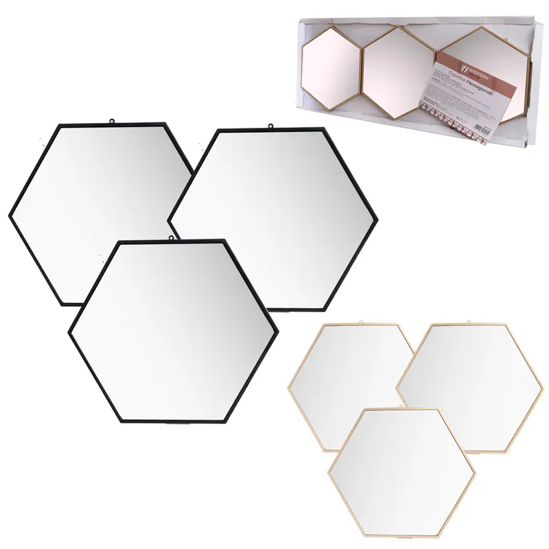 ESPELHO DE PENDURAR EMOLDURADO HEXAGONAL DECORATIVO + ALCA CORRENTE BLACK / METALIZADO DOURADO 3 PECAS 22X20CM