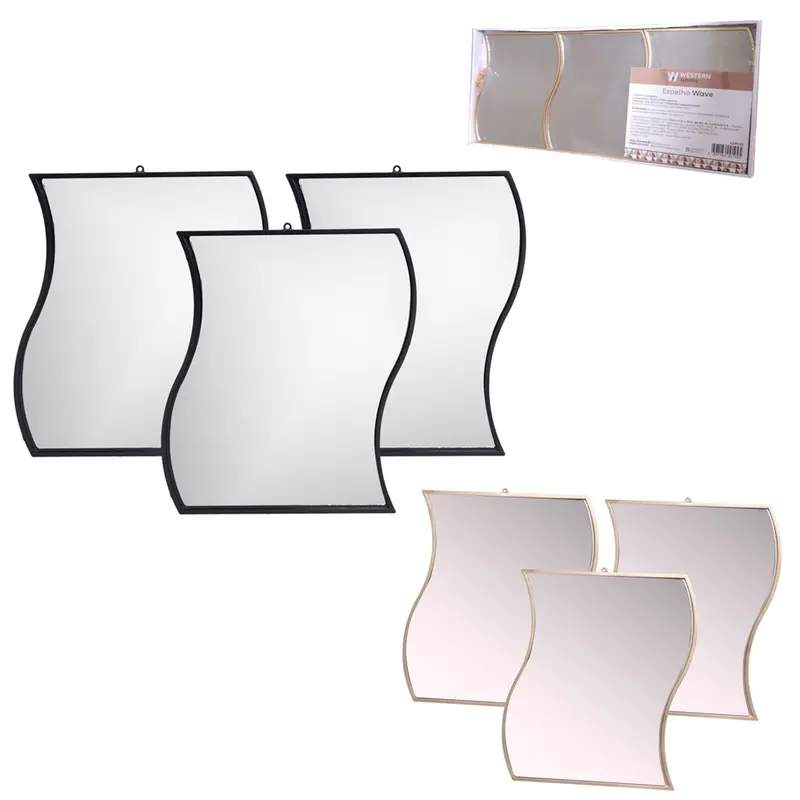 ESPELHO DE PENDURAR EMOLDURADO WAVE DECORATIVO + ALCA CORRENTE BLACK / METALIZADO DOURADO COM 3 PECAS 22X16CM