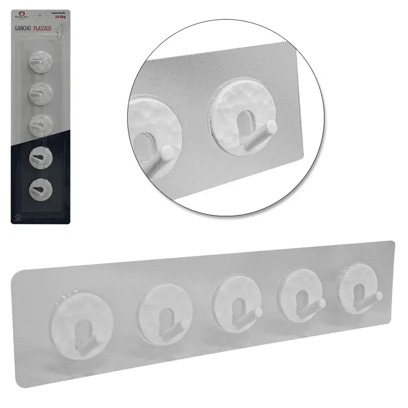 CABIDE GANCHO DE PLASTICO RETANGULAR COM 5 GANCHOS AUTOADESIVO TRANSPARENTE 27X6X2CM