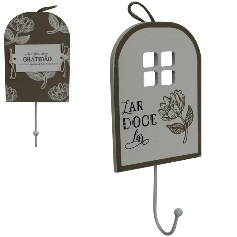 PORTA CHAVE / PANO DE MADEIRA MDF FRASES COM GANCHO DE METAL 20X9,5CM