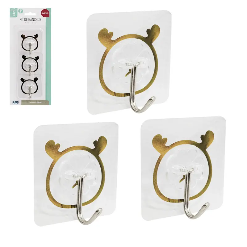 CABIDE GANCHO DE METAL QUADRADO RENA AUTOADESIVO INOVA COM 3 PECAS 5,8CM