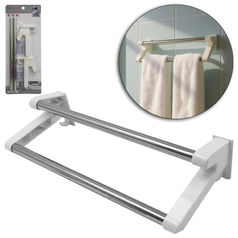 SUPORTE PORTA TOALHA DE PAREDE DE INOX / PLASTICO COM 2 GANCHOS + AUTOADESIVO 38,5X14,5X7,5CM