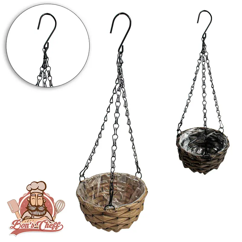 CESTO SUSPENSO / CACHEPOT ARAMADO TIPO VIME FORRADO COM CORRENTE 43X15X9CM