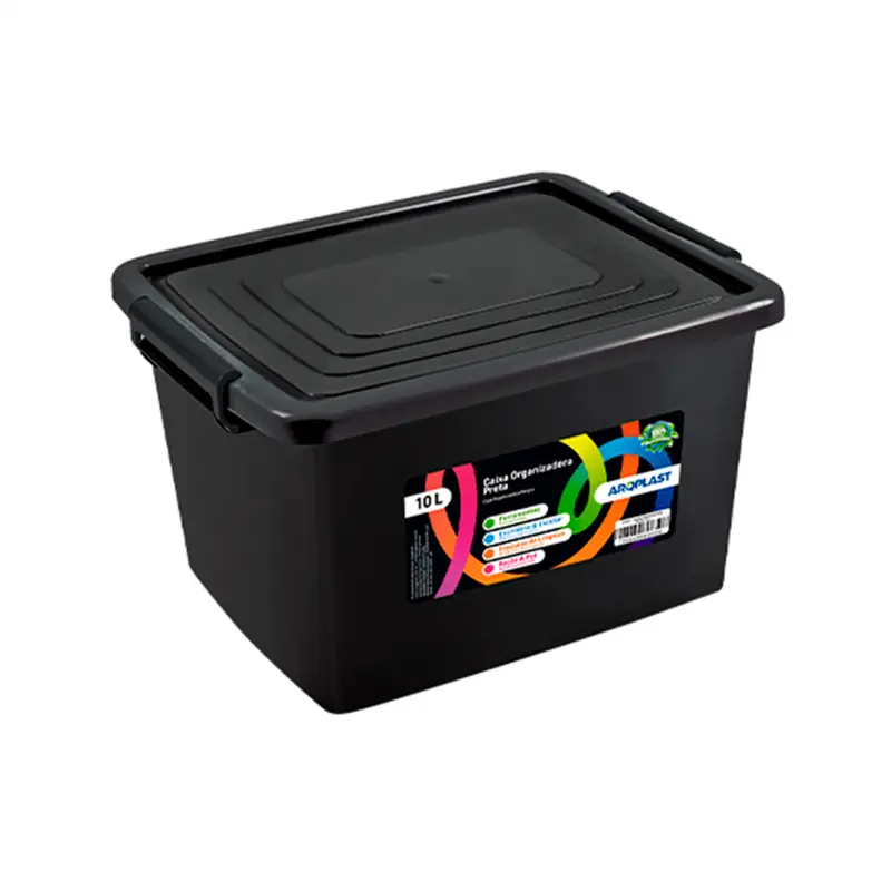 CAIXA ORGANIZADOR CONTAINER DE PLASTICO RETANGULAR PRETO COM TAMPA + TRAVA E ALCA 10L 35,4X26,1X19CM