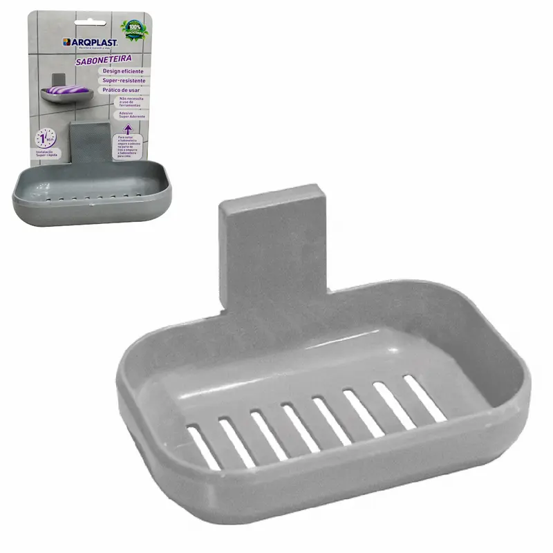 SABONETEIRA DE PAREDE DE PLASTICO RETANGULAR COM AUTOADESIVO CINZA 12,3X9X6CM