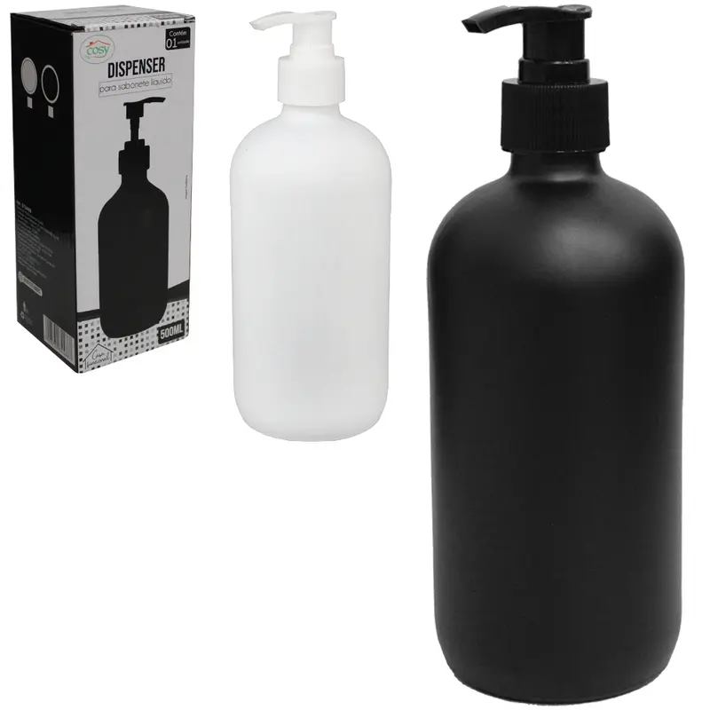 PORTA SABONETE LIQUIDO DE VIDRO REDONDO PRETO / BRANCO 500ML