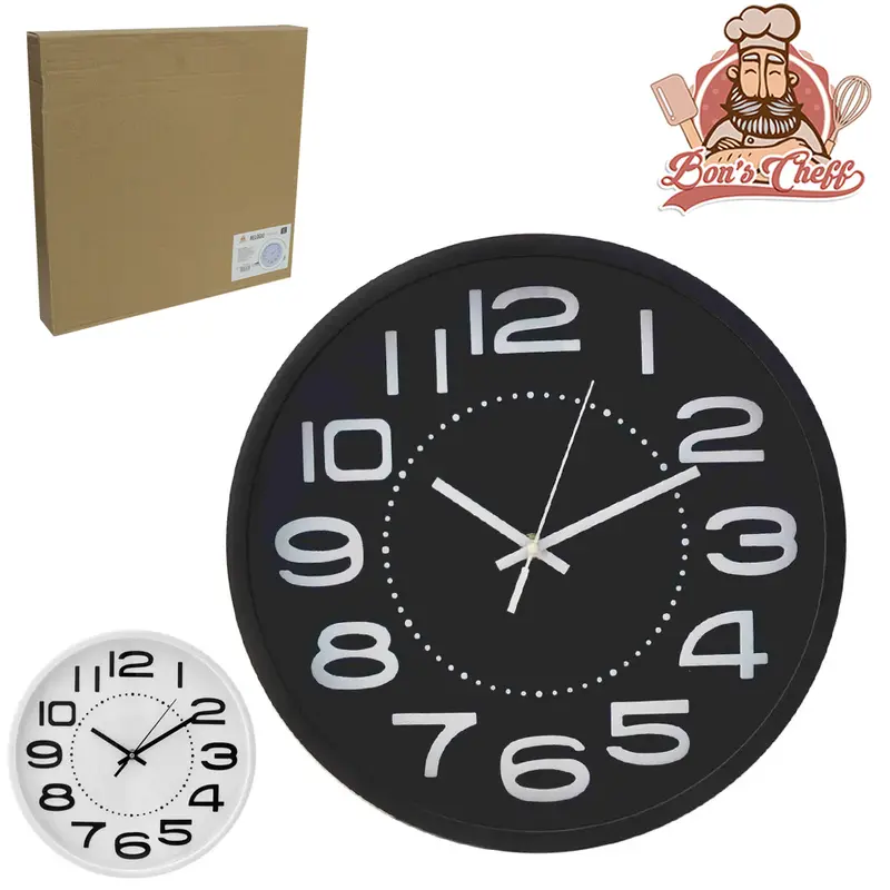 RELOGIO DE PAREDE REDONDO NUMERO METALIZADO BRANCO / PRETO 30CM DE Ø