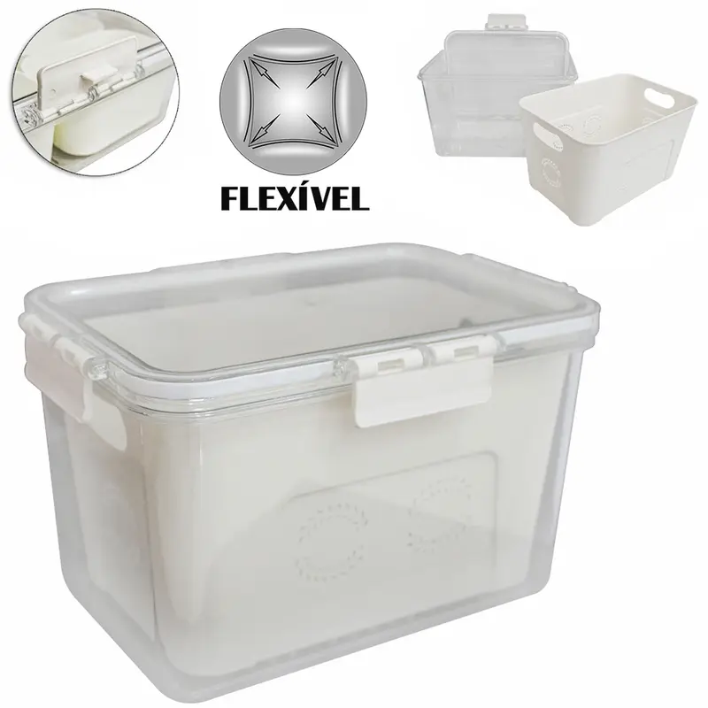 POTE ORGANIZADOR DE GELADEIRA DE PLASTICO PET FLEXIVEL RETANGULAR COM CESTO ESCORREDOR + TAMPA E TRAVA 3500ML