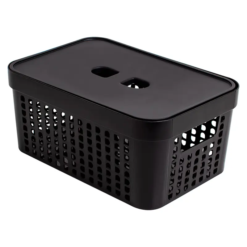 CESTO CAIXA ORGANIZADOR DE PLASTICO RETANGULAR VAZADO EMPILHAVEL COM TAMPA + ALCA PRETO 2L 18,5X13,5X9,4CM