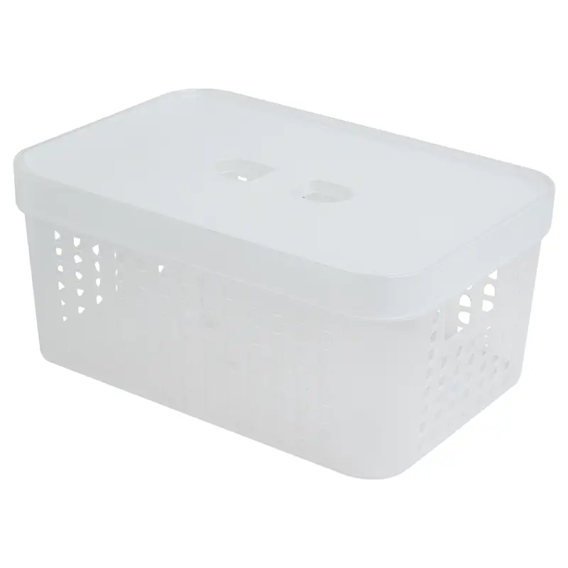 CESTO CAIXA ORGANIZADOR DE PLASTICO RETANGULAR VAZADO EMPILHAVEL COM TAMPA + ALCA TRANSPARENTE 4,5L 26X18X11,5CM