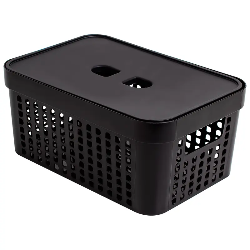CESTO CAIXA ORGANIZADOR DE PLASTICO RETANGULAR VAZADO EMPILHAVEL COM TAMPA + ALCA PRETO 4,5L 26X18X11,5CM