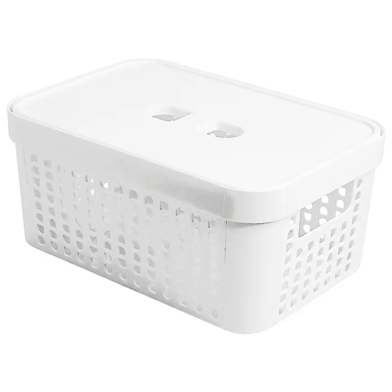 CESTO CAIXA ORGANIZADOR DE PLASTICO RETANGULAR VAZADO EMPILHAVEL COM TAMPA + ALCA BRANCO 4,5L 26X18X11,5CM
