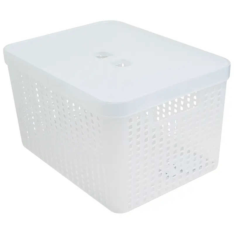 CESTO CAIXA ORGANIZADOR DE PLASTICO RETANGULAR VAZADO EMPILHAVEL COM TAMPA + ALCA TRANSPARENTE 17L 35,6X27X20CM
