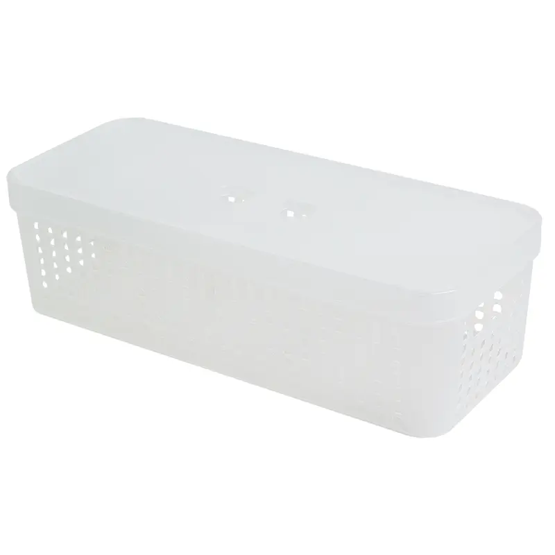 CESTO CAIXA ORGANIZADOR DE PLASTICO RETANGULAR VAZADO EMPILHAVEL COM TAMPA + ALCA TRANSPARENTE 3,6L 33,5X14X9,6CM