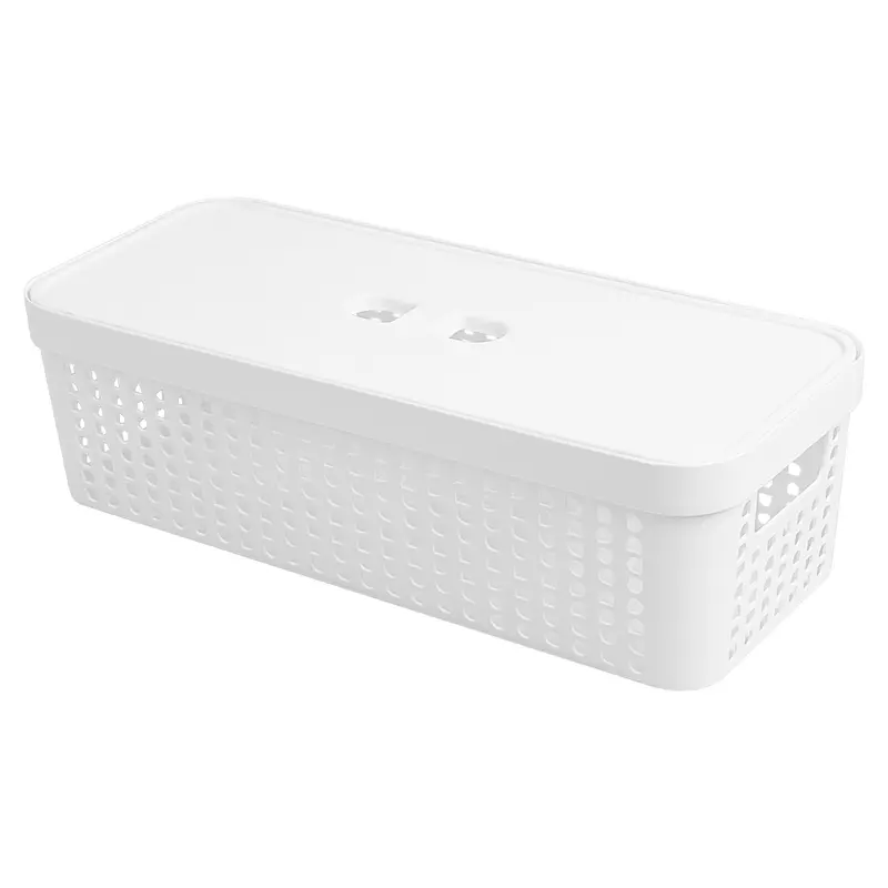 CESTO CAIXA ORGANIZADOR DE PLASTICO RETANGULAR VAZADO EMPILHAVEL COM TAMPA + ALCA BRANCO 3,6L 33,5X14X9,6CM