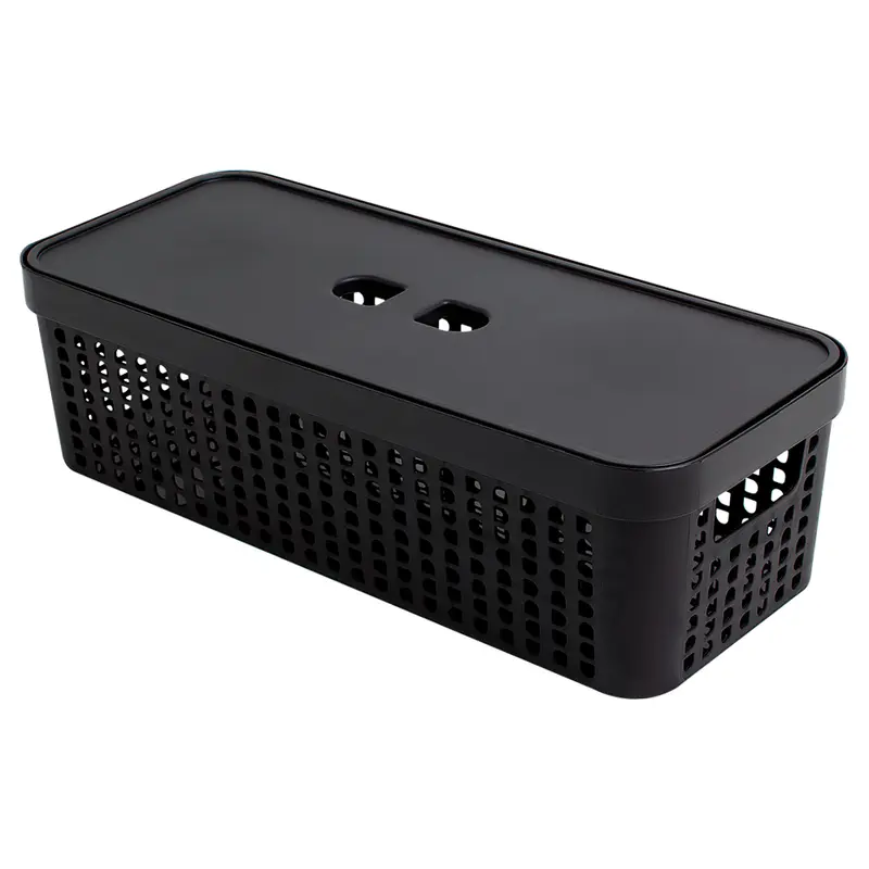 CESTO CAIXA ORGANIZADOR DE PLASTICO RETANGULAR VAZADO EMPILHAVEL COM TAMPA + ALCA PRETO 3,6L 33,5X14X9,6CM