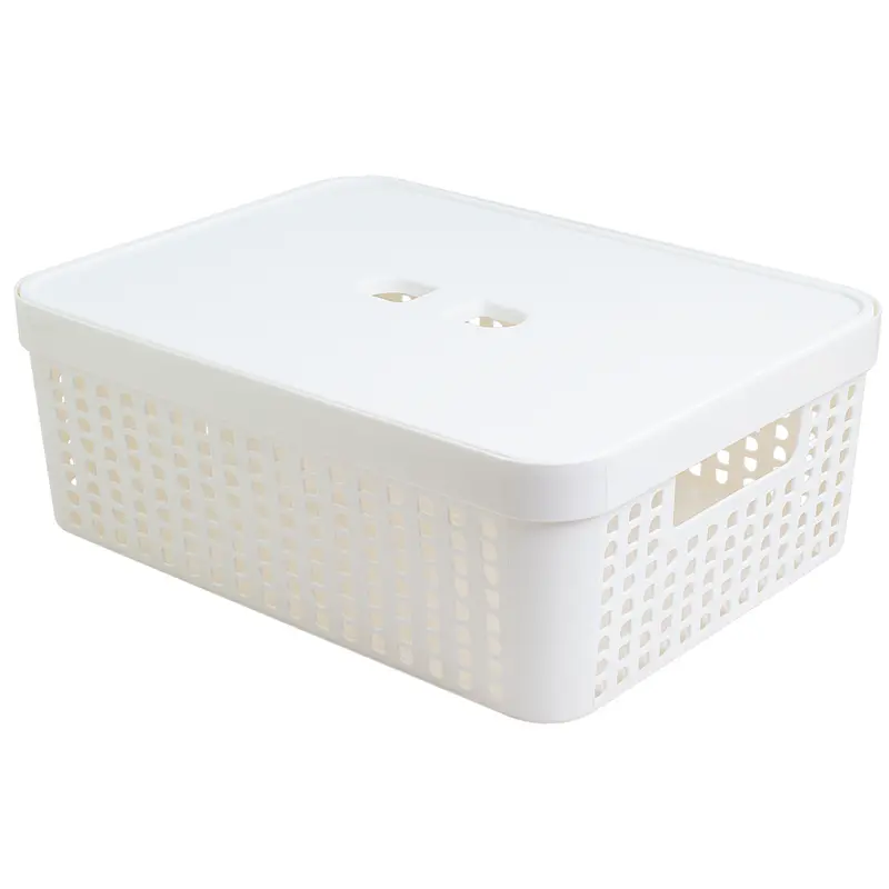 CESTO CAIXA ORGANIZADOR DE PLASTICO RETANGULAR VAZADO EMPILHAVEL COM TAMPA + ALCA BRANCO 11L 35,6X27X12,5CM
