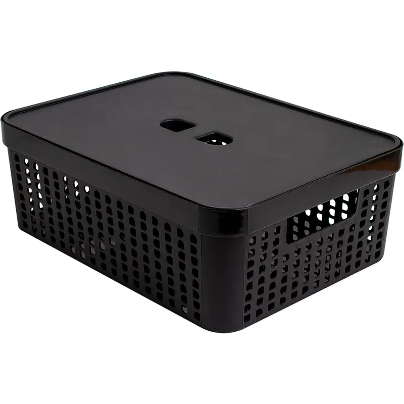 CESTO CAIXA ORGANIZADOR DE PLASTICO RETANGULAR VAZADO EMPILHAVEL COM TAMPA + ALCA PRETO 11L 35,6X27X12,5CM