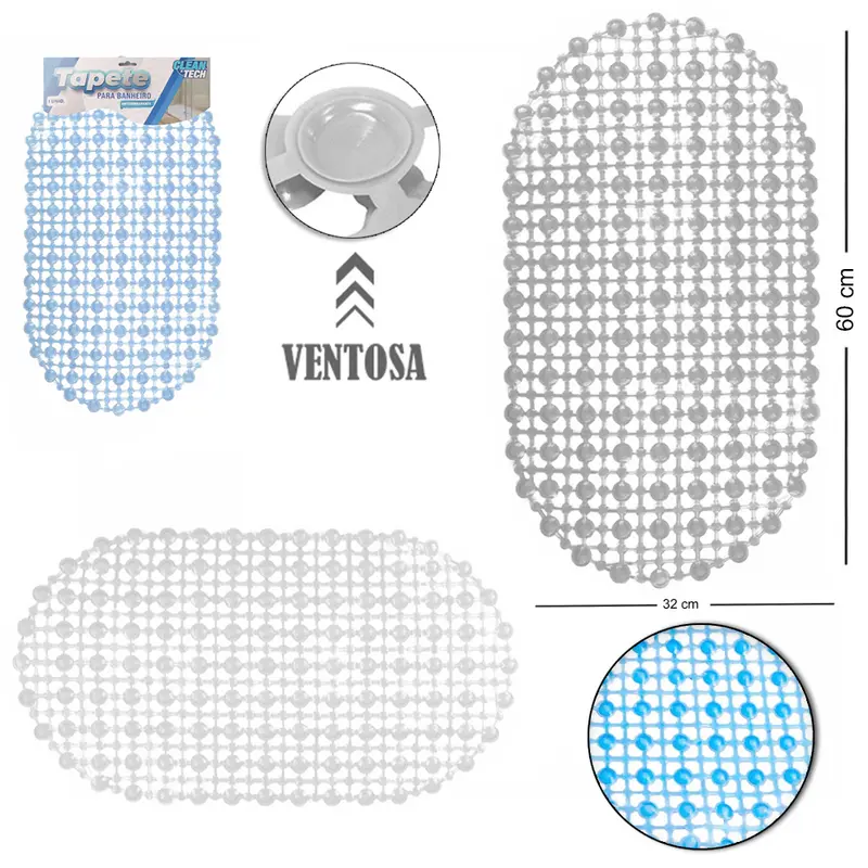 TAPETE DE PISO DE PVC OVAL PARA BANHEIRO COM VENTOSA CLEAN TECH 60X32CM