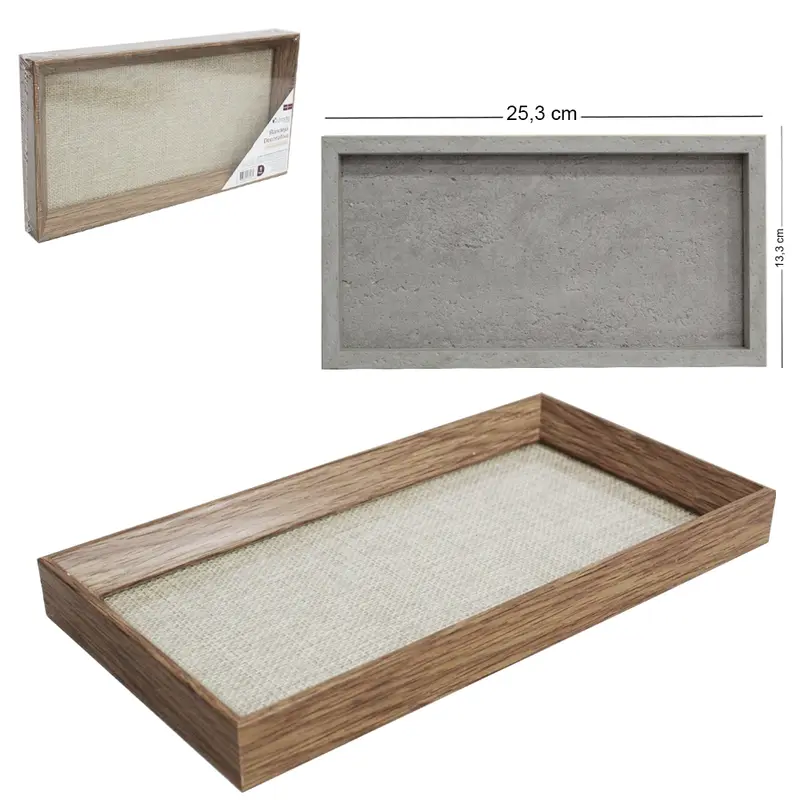 BANDEJA DE PLASTICO TIPO MADEIRA COM FUNDO DE POLIESTER / VIDRO RETANGULAR DECORATIVA DECOR 25,3X13,3X2,5CM