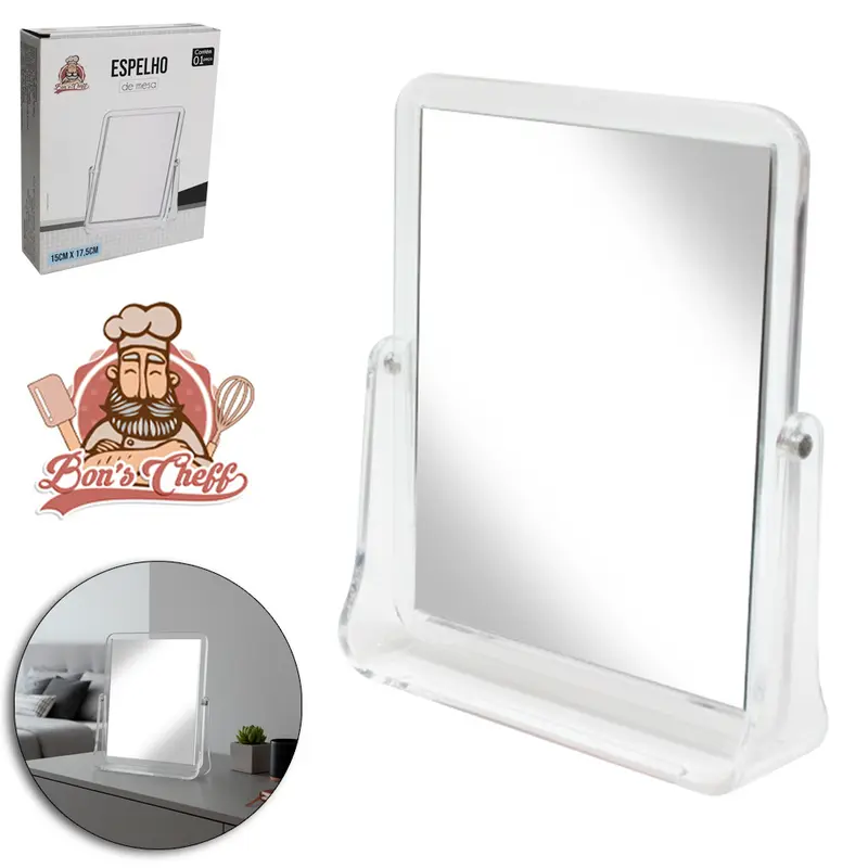 ESPELHO DE MESA RETANGULAR DUPLA FACE COM PEDESTAL DE ACRILICO 17,5X15CM