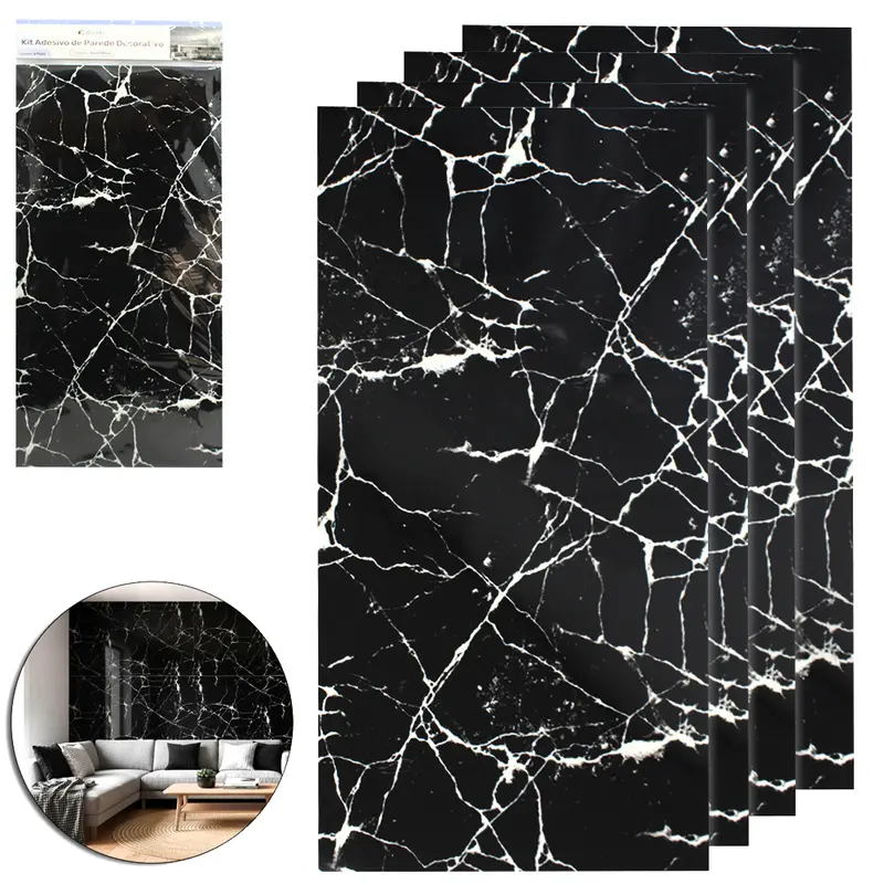 PAPEL DE PAREDE PLACA AUTOADESIVO MARMORE PRETO COM 4 PECAS 60X30CM
