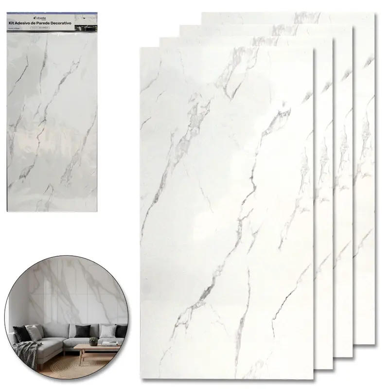 PAPEL DE PAREDE PLACA AUTOADESIVO MARMORE BRANCO COM 4 PECAS 60X30CM