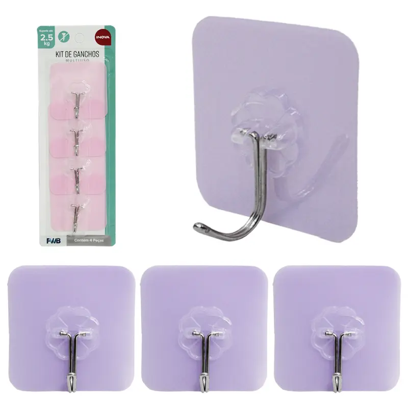 CABIDE GANCHO DE METAL QUADRADO AUTOADESIVO INOVA COM 4 PECAS 6CM