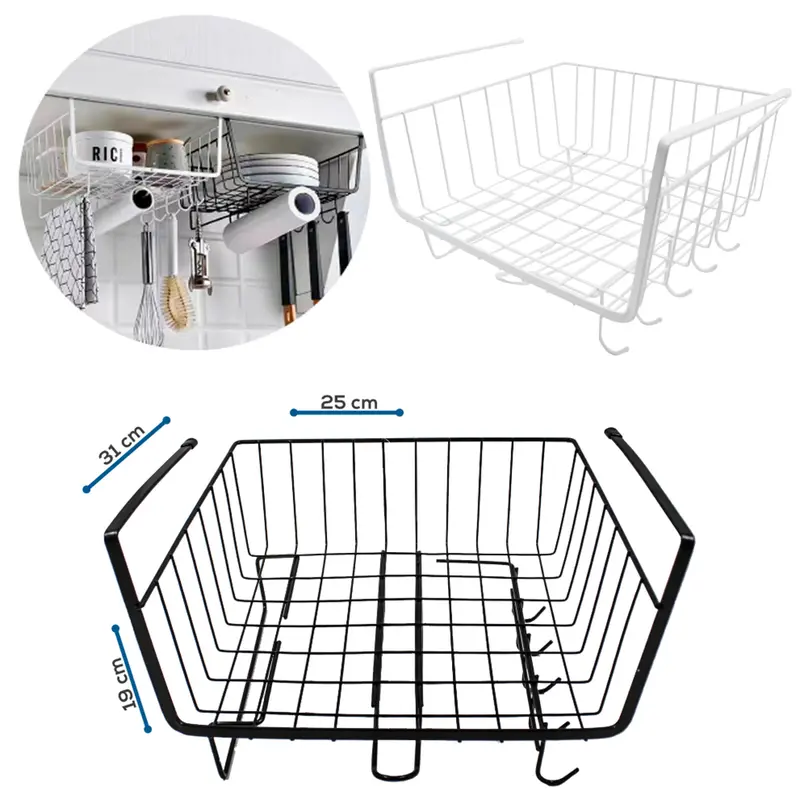 CESTO ORGANIZADOR ARAMADO PARA PRATELEIRA COM 6 GANCHOS + PORTA PAPEL TOALHA BLACK / WHITE 31X26X20CM