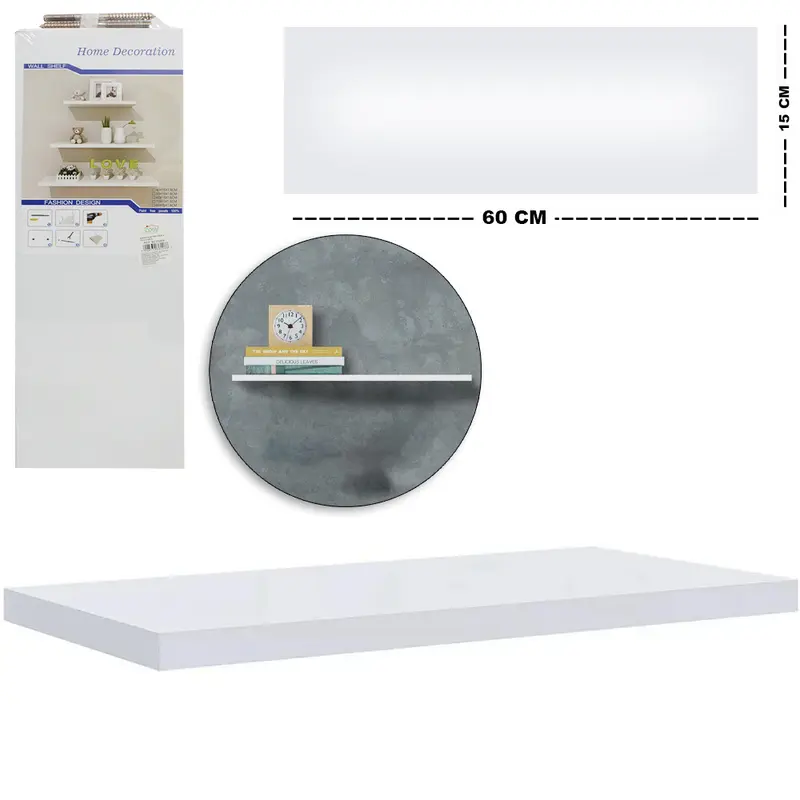 PRATELEIRA RETANGULAR DE MADEIRA MDF BRANCA 60X15X1,8CM
