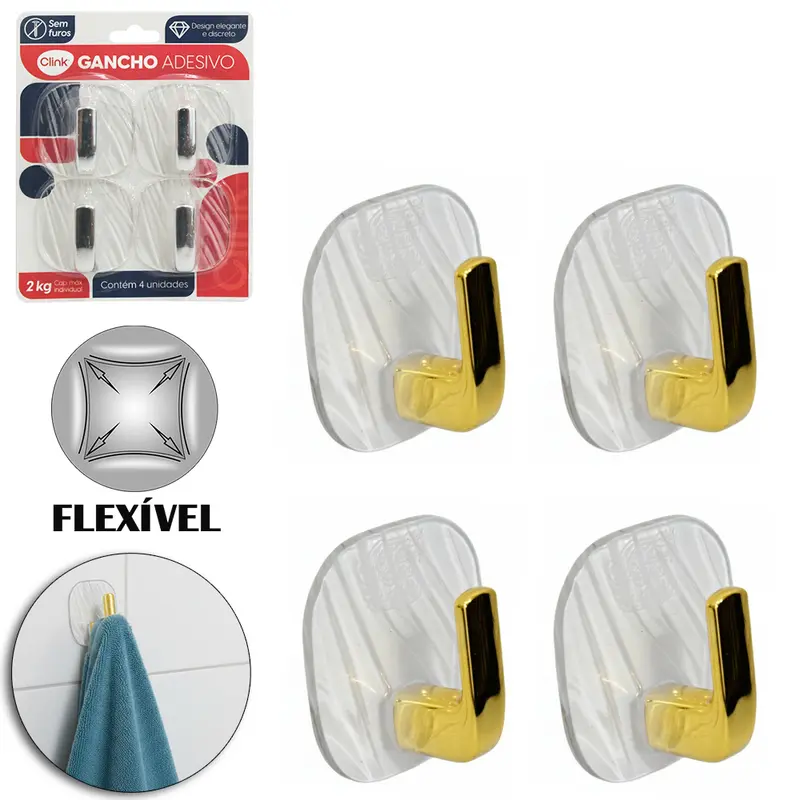 CABIDE GANCHO DE PLASTICO PET FLEXIVEL QUADRADO AUTOADESIVO TRANSPARENTE COM 4 PECAS 5,7CM