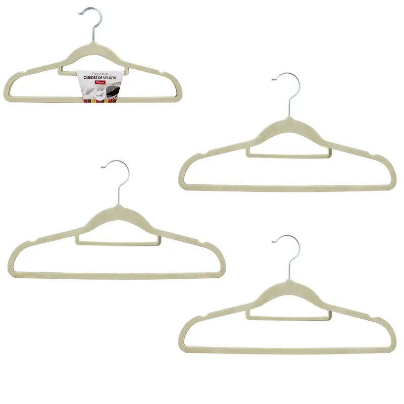 CABIDE ROUPA DE PLASTICO REVESTIDO EM VELUDO COM CAVA BEGE 3 PECAS 42X21CM 4MM