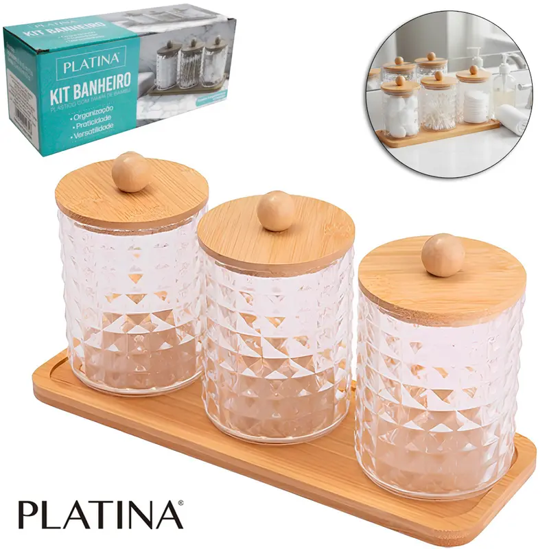 ORGANIZADOR PORTA ALGODAO E COTONETE DE ACRILICO COM 3 PECAS + TAMPA E SUPORTE DE BAMBU PLATINA 23,5X8,5X7CM