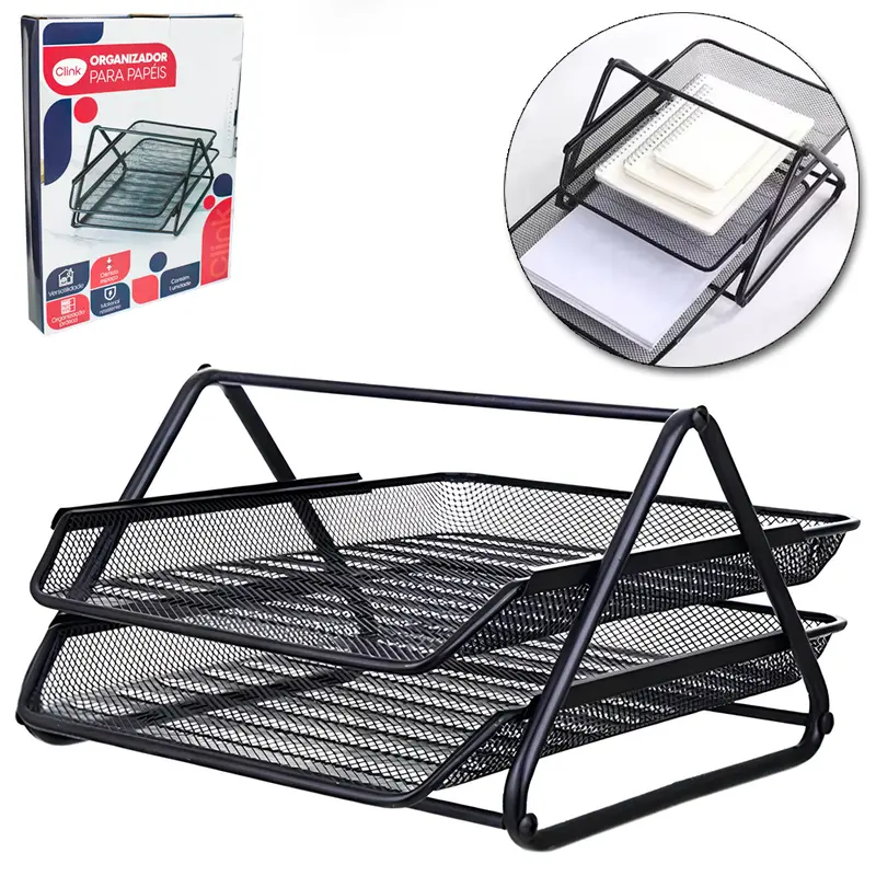 ORGANIZADOR DE MESA DE ESCRITORIO ARAMADO COM 2 DIVISORIAS 35X30X18CM