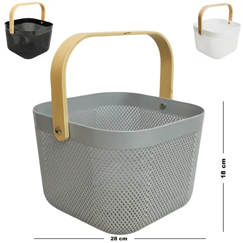 CESTO ORGANIZADOR DE PLASTICO QUADRADO VAZADO COM ALCA DE MADEIRA 25X18CM