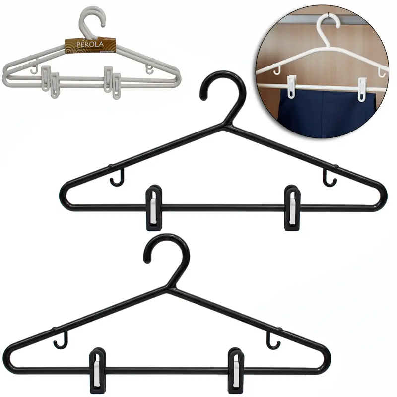 CABIDE ROUPA DE PLASTICO COM PRESILHA PRETO / BRANCO COM 2 PECAS 38,5X19CM 10MM