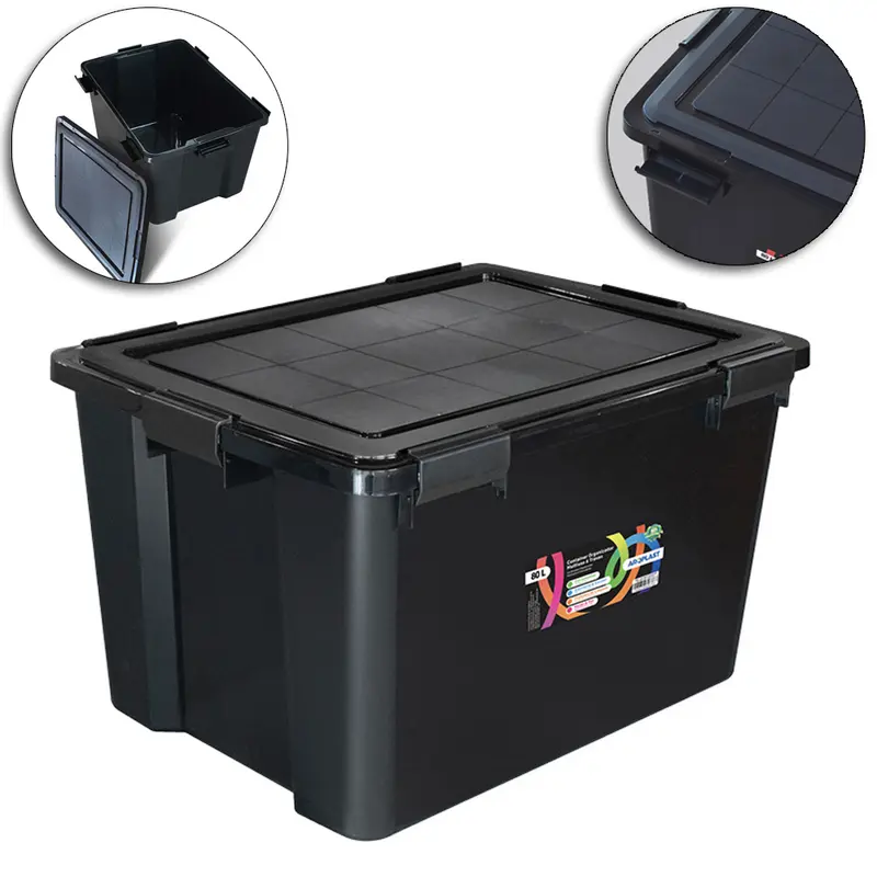 CAIXA ORGANIZADOR CONTAINER DE PLASTICO RETANGULAR EMPILHAVEL PRETO COM TAMPA + TRAVA E ALCA 80L 60X44X35CM