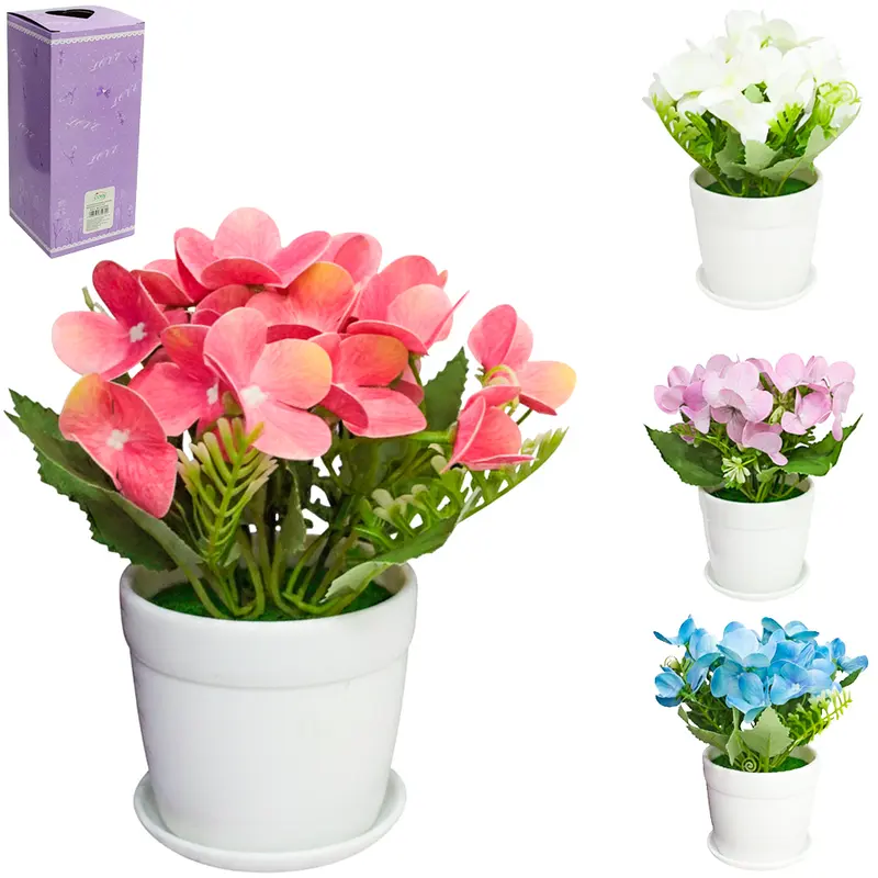 FLOR PERMANENTE HORTENCIA COM VASO E PRATINHO DE PLASTICO REDONDO 15X8X8CM VCF