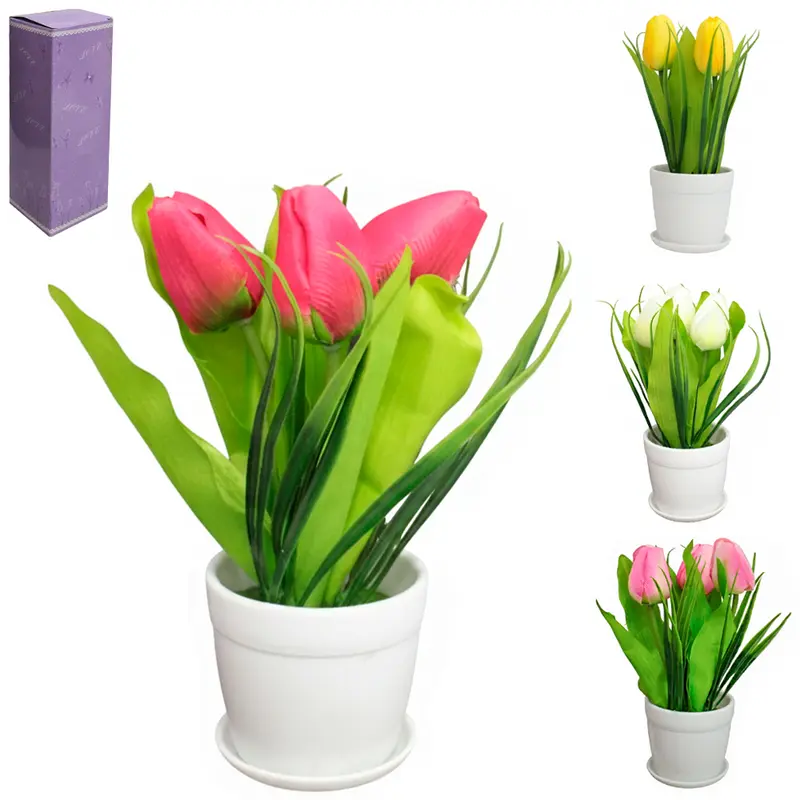 FLOR PERMANENTE TULIPA COM VASO E PRATINHO DE PLASTICO REDONDO 23X8X8CM VCF