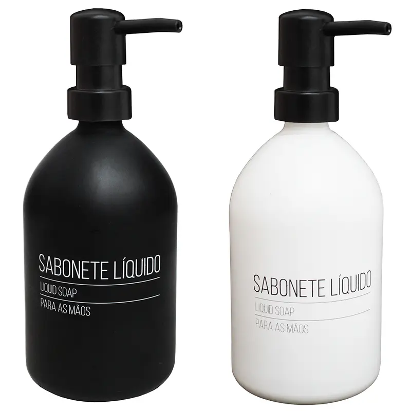 PORTA SABONETE LIQUIDO DE VIDRO REDONDO PRETO / BRANCO 450ML